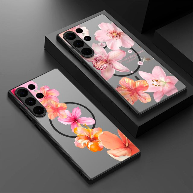 Magnetische Handyhülle mit rosa Blumenmuster für Samsung Galaxy S23, S24, S25 Ultra und S25 Edge, PC Back Cover in Pink/Multicolor - Bild 1