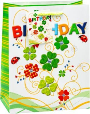 TSI Geschenktüte Happy Birthday Kleeblätter, bunt, 6 Stück, B: 18,0 cm, T: 10,0 cm, H: 23,0 cm - Bild 1