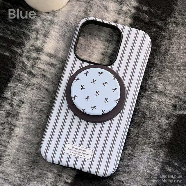 MUQGEW Magnetische iPhone Handyhülle mit koreanischem Streifen-Design und Schleifen-Halterung, stoßfeste Hartschale für iPhone 11 bis iPhone 17 Pro Max - Bild 1