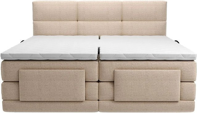 Vente-unique Boxspringbett Lodi in Beige mit motorisch verstellbarem Kopfteil und Stoffbezug, Breite: 215 cm - Bild 1