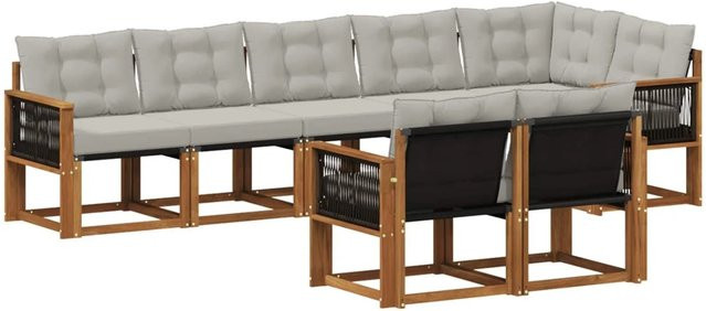 vidaXL Outdoor-Sofagarnitur L-Form aus massivem Akazienholz mit 8 Textilene-Kissen in Grau und Natur - Bild 1