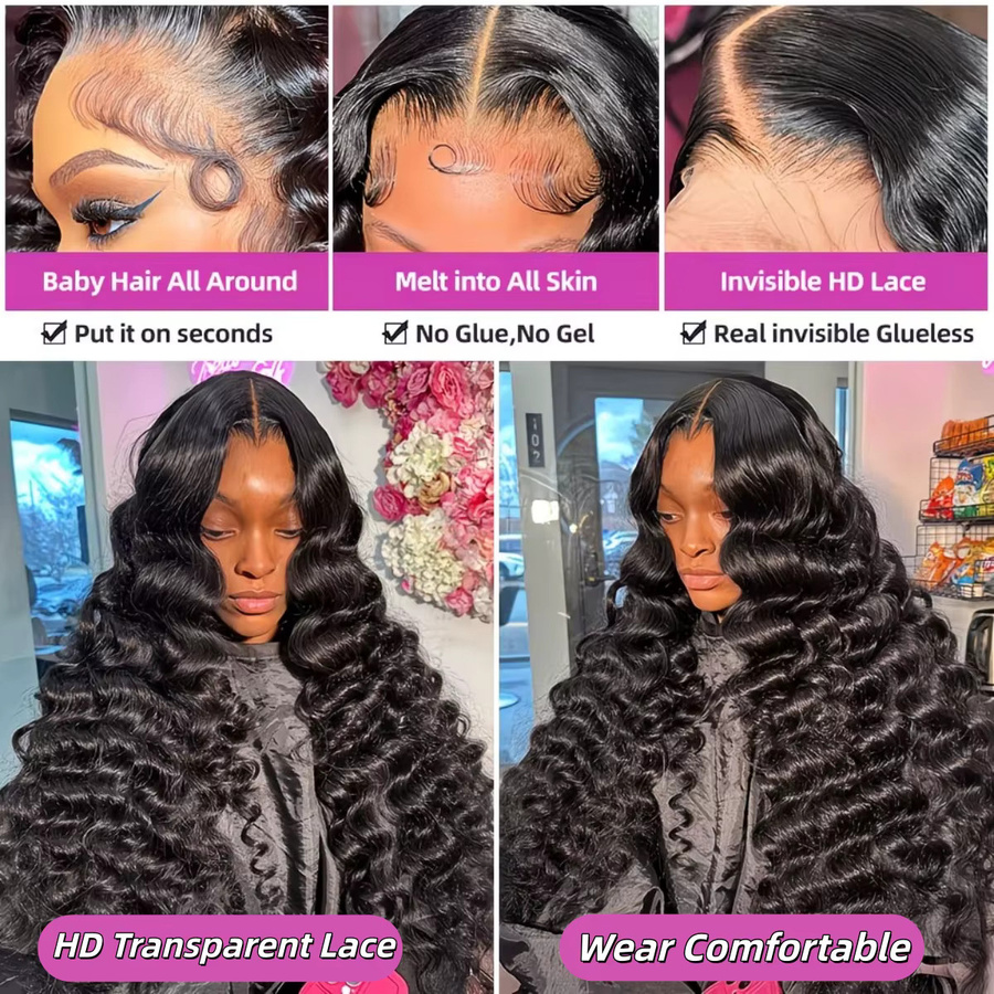 FIUMER Deep Wave Lace Front Perücke, Echthaar, Brasilianische Locken, Unisex - Bild 5