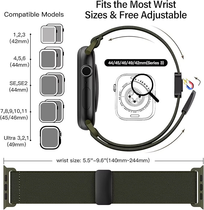 Magnetisches Schlaufenarmband für Apple Watch, Nylon, Schwarz, Unisex - Bild 5