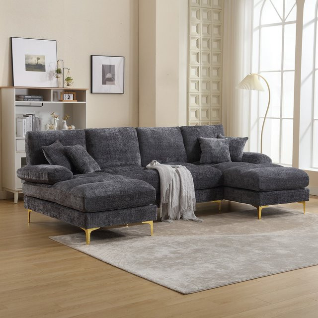 Gomyway Modernes U-förmiges Chenille-Sofa in Grau mit Doppel-Liegesitzen und passenden Kissen für dein Wohnzimmer oder Schlafzimmer - Bild 1