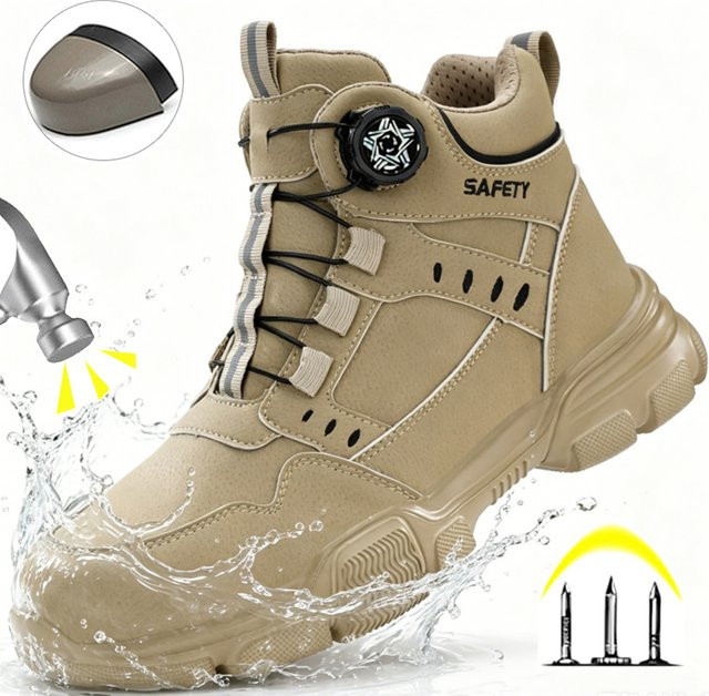 Manlegu Herren Sicherheitsstiefel in Beige mit Stahlkappe, wasserdicht und durchtrittsicher durch Kevlar-Zwischensohle mit Drehverschluss - Bild 1