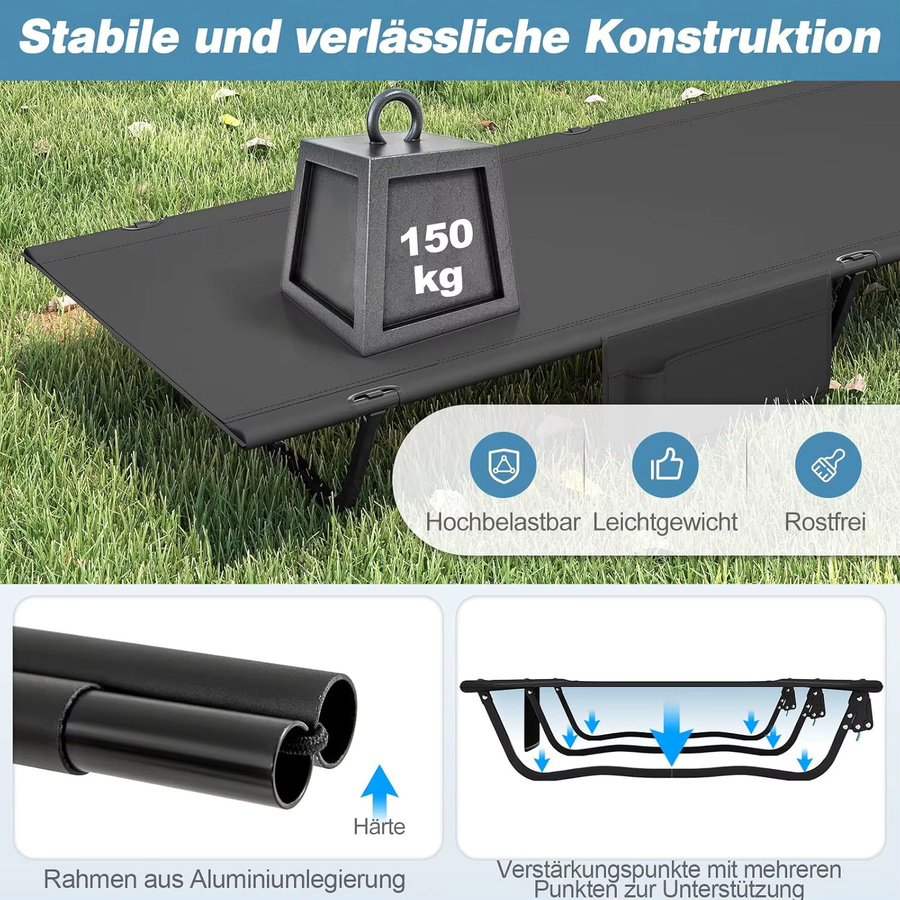 GOFLAME Ultraleichtes Campingfeldbett mit Seitentaschen aus pulverbeschichtetem Aluminium in Grün oder Schwarz - Bild 5