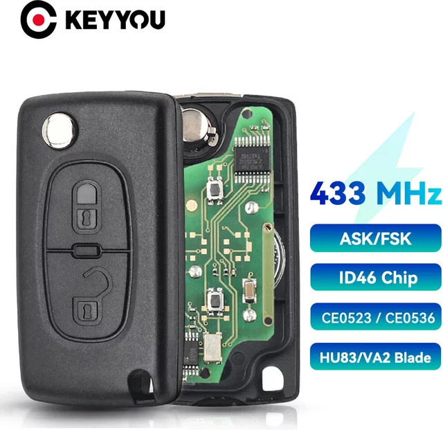 KEYYOU Auto Fernbedienung Schlüssel für Citroen und Peugeot, 433 MHz ID46, 2 Tasten, Schwarz - Bild 1