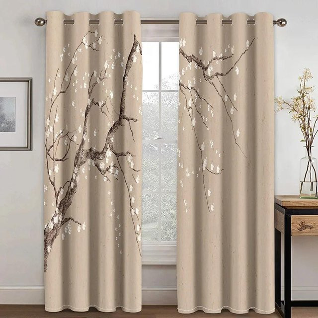 Yiran Furniture Vorhänge mit traditionellem chinesischem Vogel-Blumen-Muster, semi-transparent, Polyester, 2er-Set, Breite: 65 cm, Höhe: 60 cm - Bild 1