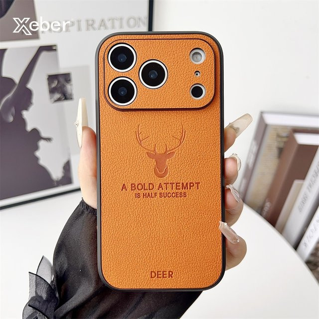 Xeber Leder-Telefonhülle mit Lammfell-Design für iPhone 11 bis iPhone 17 Pro Max Plus, Farbe: Braun, stoßfeste Abdeckung mit Objektivschutz - Bild 1