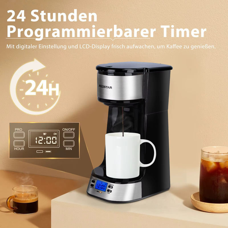 Aigostar Filterkaffeemaschine mit Thermobecher, 420 ml, Schwarz, mit 24h-Timer, LCD-Anzeige und AutoClean-Funktion - Bild 2