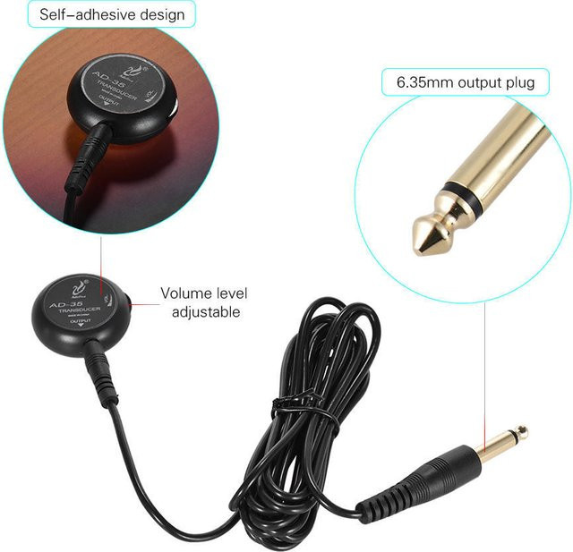 Igeteck Piezo-Tonabnehmer Kontaktmikrofon Wandler mit 6,35-mm-Ausgangsstecker und 10-Zoll-Kabel in Schwarz - Bild 1