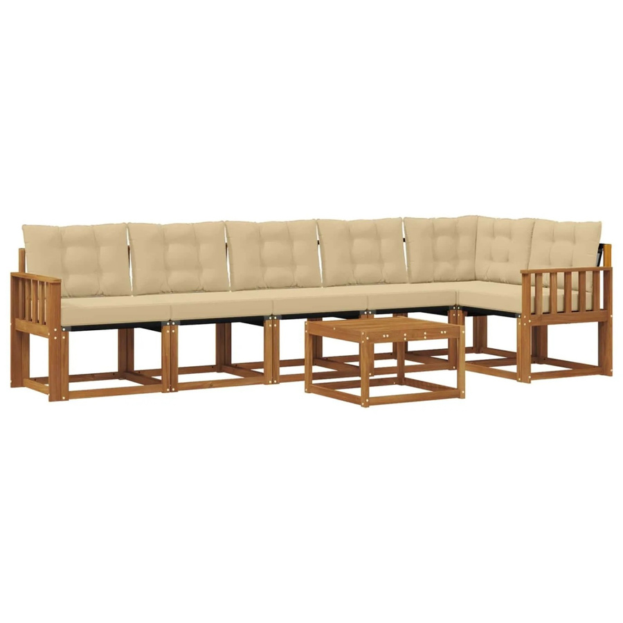 vidaXL Outdoor-Sofagarnitur 7-teilig aus Akazienholz und Textilene in Natur und Beige mit Kissen und Armlehnen - Bild 2