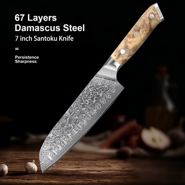 Baovim Santoku-Küchenmesser aus Damast-Edelstahl mit Naturholzgriff in Silber - Bild 1