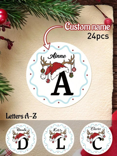Personalisierte Weihnachtsaufkleber mit Namen, runde Namensschilder aus Papier in Mehrfarbig, Durchmesser: 3 cm - Bild 1