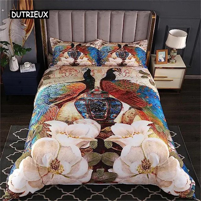 JMG Household Supplies Bettwäscheset mit Pfauen-Motiv und floralem Design in Gold und Multicolour, bestehend aus Bettbezug und Kissenbezug, B/H: 135 x 200 cm - Bild 1