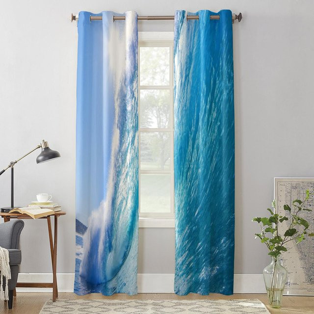 Super Six Fenstervorhang mit blauem Meer Wellen Landschaft Motiv, semi-transparent, Polyester, Breite: 135 cm, Höhe: 60 cm - Bild 1