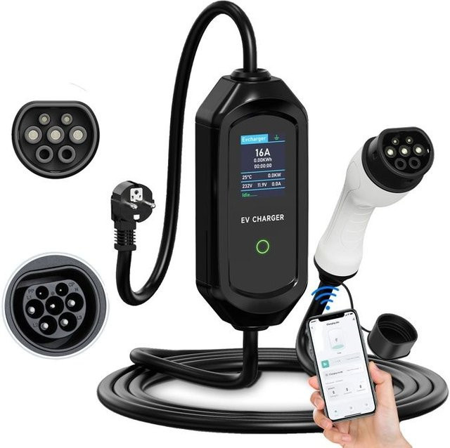 Tragbares Elektroauto-Ladegerät von bazarland30 mit 3600W Leistung, einstellbarem Ladestrom, Typ 2 und Wi-Fi in Schwarz - Bild 1