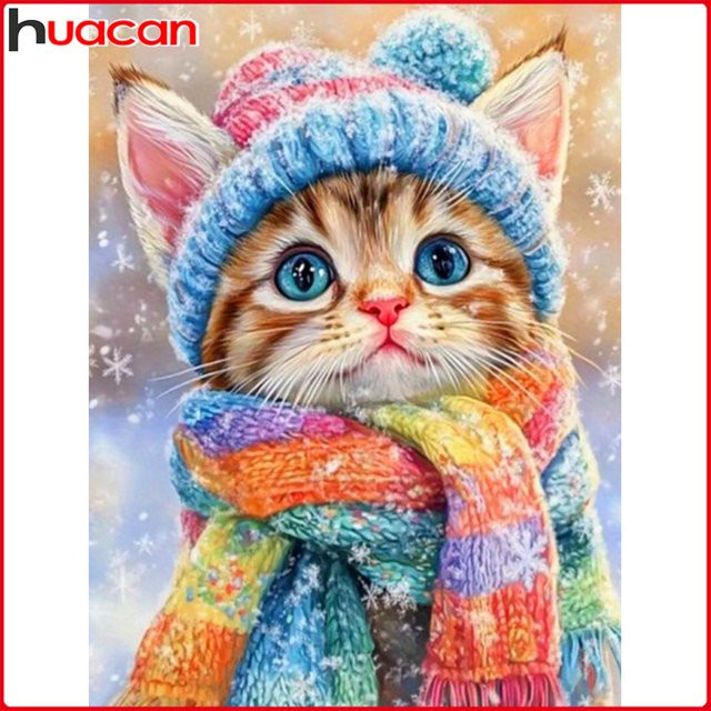 Huacan 5D-Diamantgemälde Katze im Winter als Diamant-Mosaik Tierlandschaft in Multicolour zur Heimdekoration - Bild 1