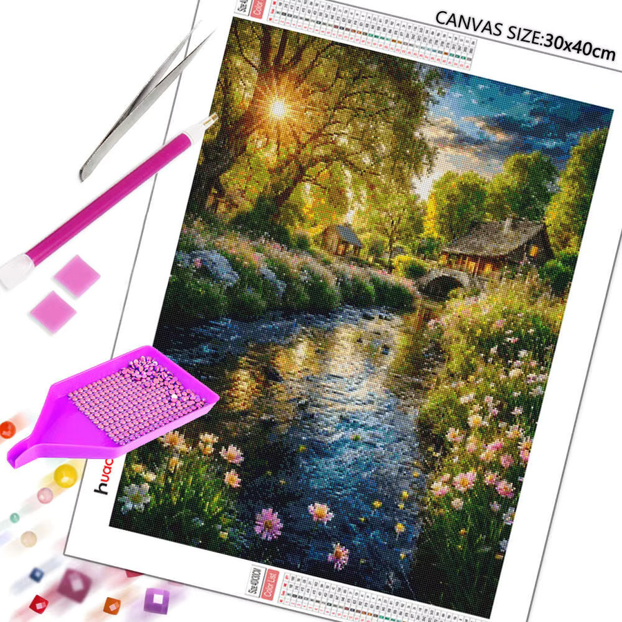 Huacan DIY-Diamantgemälde Naturlandschaft Baumhaus 5D-Fluss-Stickset Mosaik-Bastelset Multicolor B: 30,0 cm, H: 20,0 cm - Bild 2
