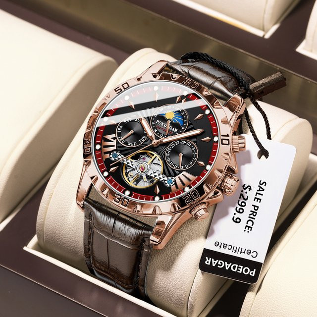 POEDAGAR Armbanduhr Tourbillon, Automatik, Leder, Herren, Schwarz, Roségold - Bild 1