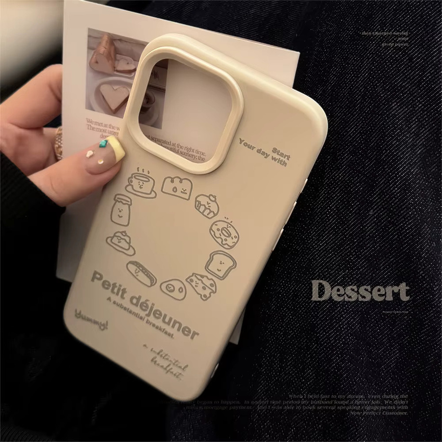 Stoßfeste Handyhülle mit koreanischem Cartoon-Design und französischem Brotmuster für Apple iPhone 16 Plus, 15, 14, 13, 12 Pro Max in Beige - Bild 2