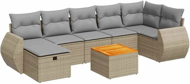 vidaXL 8-tlg. Garten-Sofagarnitur in L-Form mit Kissen und Tisch, Beige, Poly Rattan und Akazienholz - Bild 1