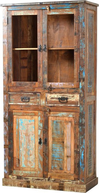 TPFLiving Vitrine Douglas aus Fichtenholz mit Glastüren und Schubladen im Shabby Chic, mehrfarbig lackiert - Bild 1