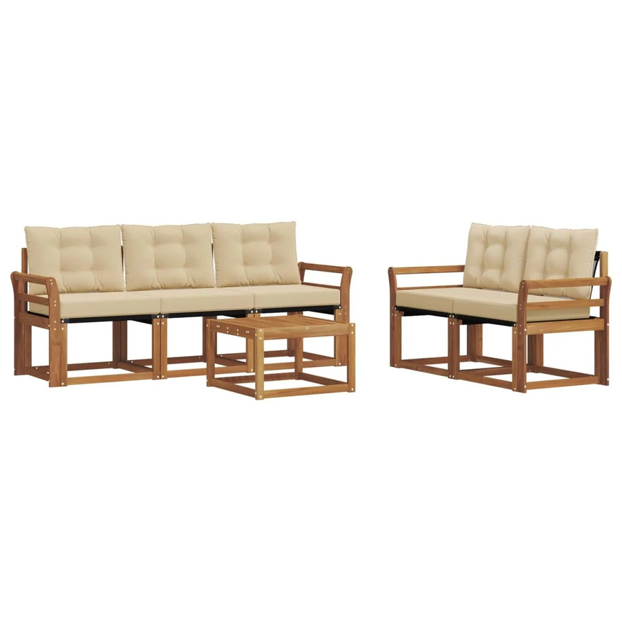 vidaXL Outdoor-Sofagarnitur 6-teilig aus Akazienholz und Textilene in Natur und Beige mit Kissen - Bild 2