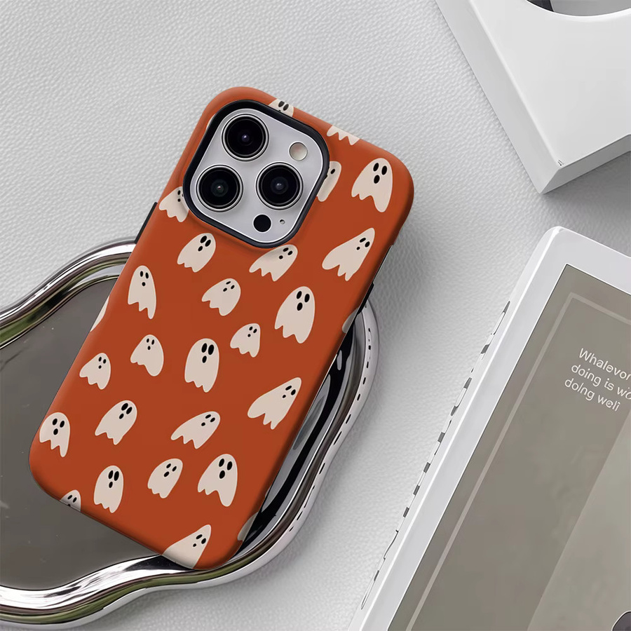 Handyhülle mit Halloween-Geistermuster für Apple iPhone 17 16 15 14 13 12 Pro Max Plus in Orange mit doppelschichtiger Rückseite - Bild 5