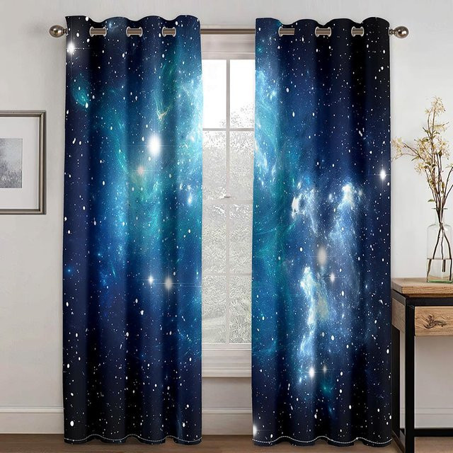 Dekorativer Galaxie-Sternen Vorhang von A Family Of Home Textiles in Blau, halbtransparent, B: 60 cm, H: 150 cm, 2er-Set - Bild 1