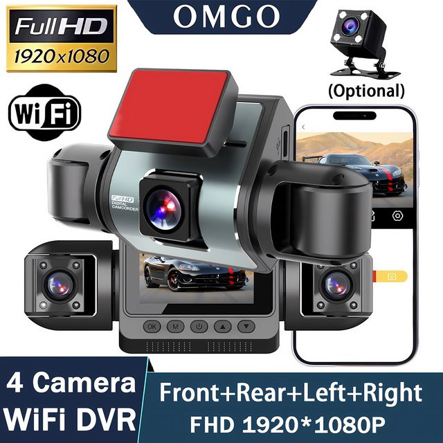 OMGO 4-Kanal 360-Grad Dashcam mit Full HD 1080P, WLAN-App Steuerung und Rückfahrkamera, Black Box Action Camera in Schwarz - Bild 1