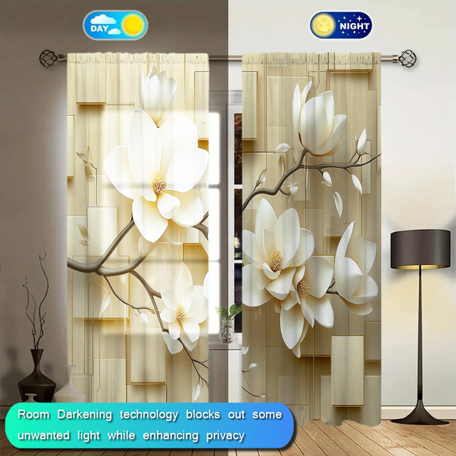 2er-Set semi-transparente Vorhänge von Household supplies MH mit Magnolienblumen-Print in Weiß, B: 52,5 cm, H: 116 cm - Bild 2