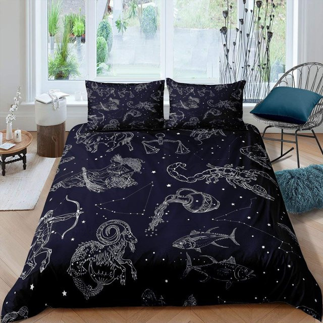 Sternbild Bettbezug Set mit goldenem Sternenhimmel Muster, 3-teiliges Microfaser-Bettwäsche-Set in Schwarz und Gold, B/H: 150 x 200 cm - Bild 1