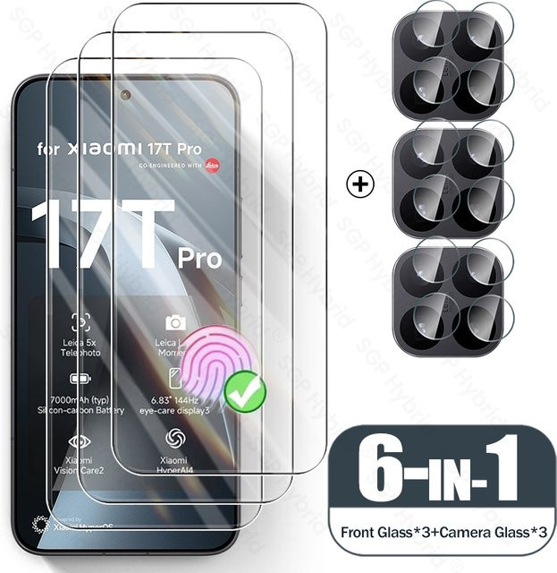 6-in-1 Schutzfolien-Set aus gehärtetem Glas für Xiaomi 17T Pro 5G, Displayschutz und Kameralinsenschutz, transparent - Bild 1