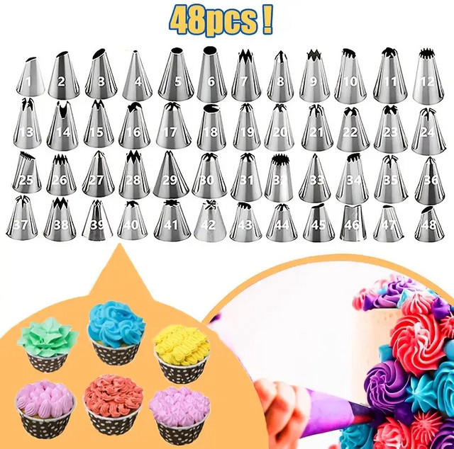 XMSJ 48-teiliges Set Spritzdüsen aus Edelstahl in Silber für Buttercreme, Royal Icing und Backgebäck inklusive Spritzbeutel - Bild 1