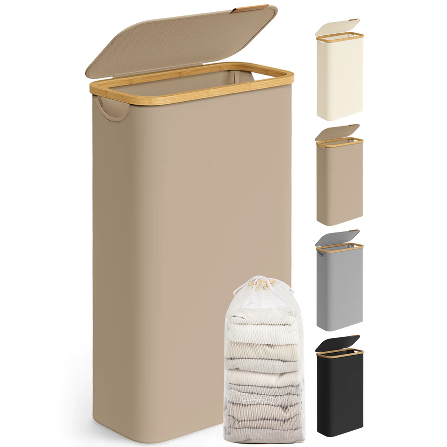 SONGMICS Wäschekorb mit Deckel und herausnehmbarem Wäschesack, 65 l, beige/braun, zusammenklappbar mit Bambusgriffen - Bild 2