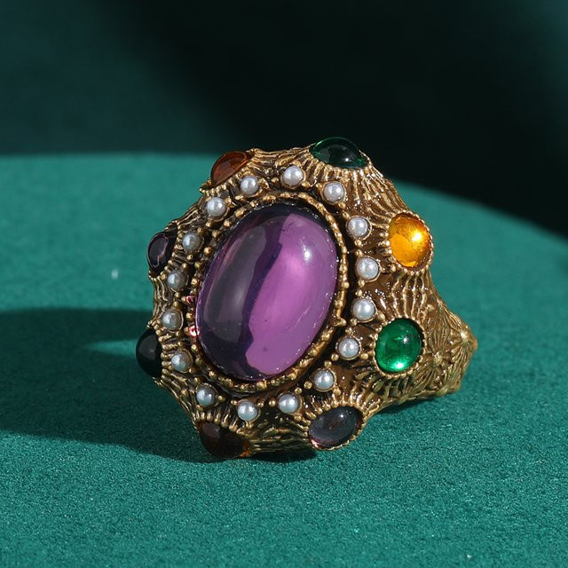 Icareu Ring, lila Glasur, Kristallperle, bunt, oval, goldfarben, Damen - Bild 1