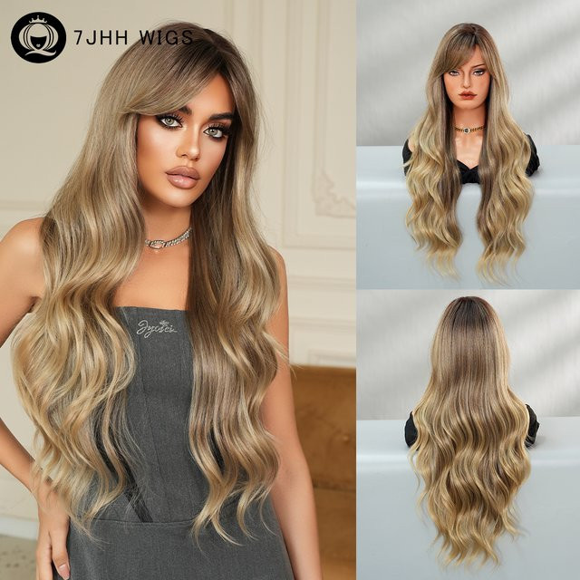 7JHH WIGS Perücke, lang gewellt, braun mit blonden Highlights, Damen - Bild 1