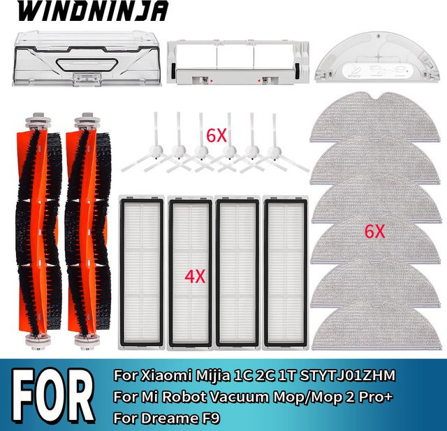 WINDNINJA Ersatzteil-Set für Xiaomi Mijia 1C 2C 1T STYTJ01ZHM sowie Dreame F9 Saugroboter mit Filter, Wischtüchern, Hauptbürste, Wassertank und Staubbehälter - Bild 1