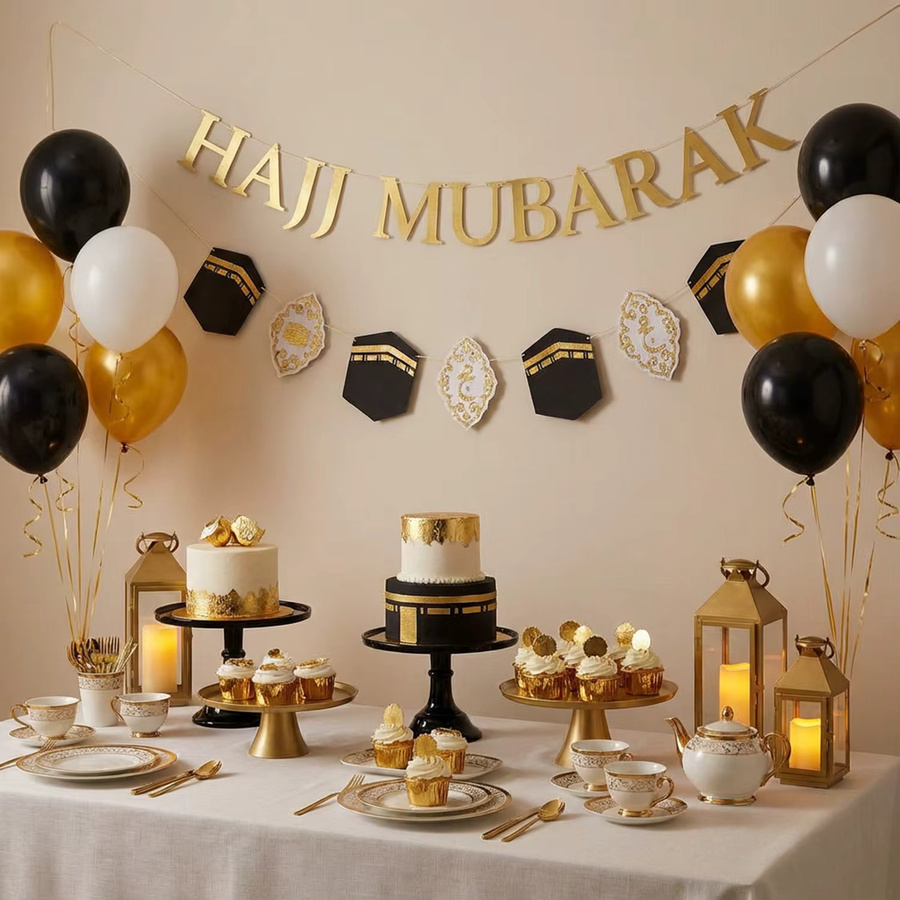 AFYPRTY Hajj Mubarak Banner mit Kaaba-Muster in Schwarz-Gold aus Papier für die Islamische Hajj-Pilgerfahrt und Eid al-Adha Party Dekoration - Bild 4