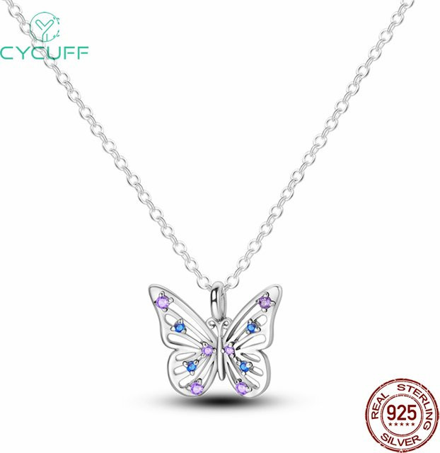 CYCUFF Halskette, Schmetterling Anhänger, 925 Silber, Blau Lila, Damen - Bild 1