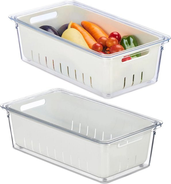 Relaxdays Kühlschrank Organizer 2er Set aus Kunststoff, transparent und weiß, stapelbar mit Deckel, B: 32 cm, T: 17,5 cm, H: 10 cm - Bild 1