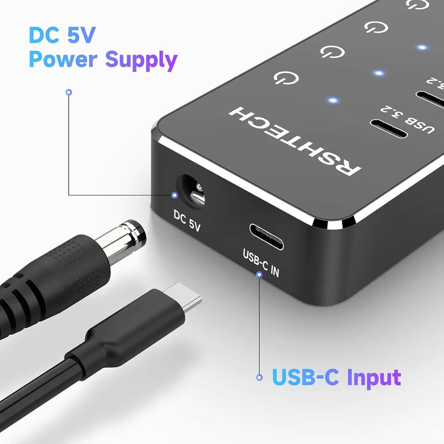 RSHTECH USB-C-Hub mit 7 Ports und 10 Gbit/s USB-C 3.2 Anschlüssen, schwarzer Laptop-USB-Splitter mit individuellen Touch-Switches und 5 V/3 A Netzteil - Bild 5