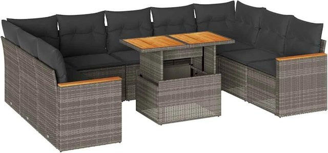 vidaXL 10-tlg. Garten-Sofagarnitur in L-Form aus Polyrattan und Akazienholz mit Kissen in Grau - Bild 1