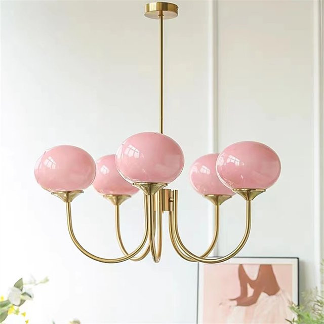 HomeLover Pendelleuchte im Mid-Century Stil aus rosa Glas mit goldfarbenem Gestell - Bild 1
