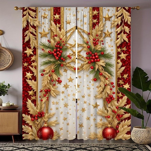 2er-Set Weihnachtliche Vorhänge mit Ballon-Motiv, Weiß und Rot, halbtransparent, Polyester, B/H: 100 x 130 cm - Bild 1