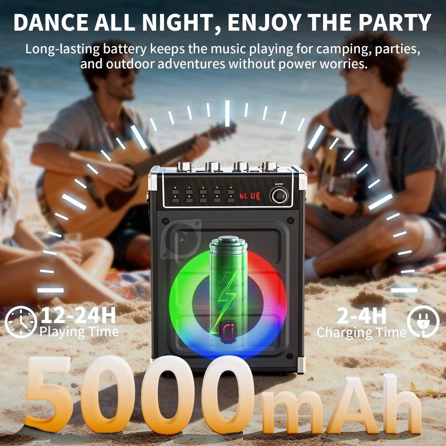 JYX 69 Karaoke-Maschine in Schwarz mit 2 UHF Drahtlosen Mikrofonen, Bluetooth-Lautsprecher mit Bass-, Höhen- und Echo-Einstellung sowie LED-Licht - Bild 2