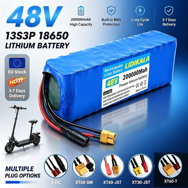 48V 200000mAh 13S3P 18650 Lithium-Ionen-Akku mit integriertem BMS-Sicherheitsschutz in Blau für Elektroroller und faltbare E-Bikes - Bild 1