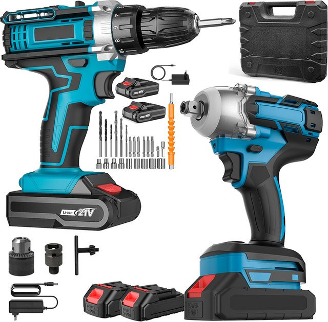 Kabelloses Schlagschlüssel und Bohrer Combo Kit 21V mit 520Nm Drehmoment und 32Nm Bohrtrieb in Blau - Bild 1