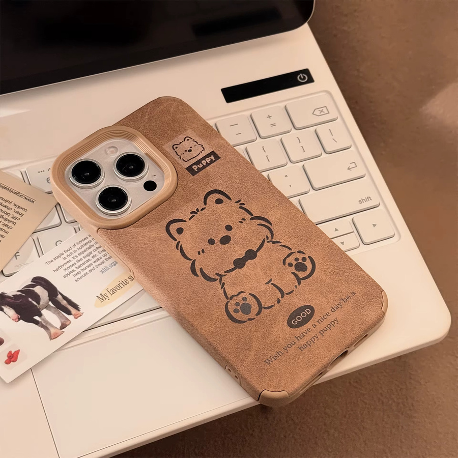 Potdemiel Handyhülle aus Wildleder mit Cartoon-Welpen-Design und Haarball-Anhänger für iPhone 11 bis 16 Pro Max, Farbe: Braun - Bild 4